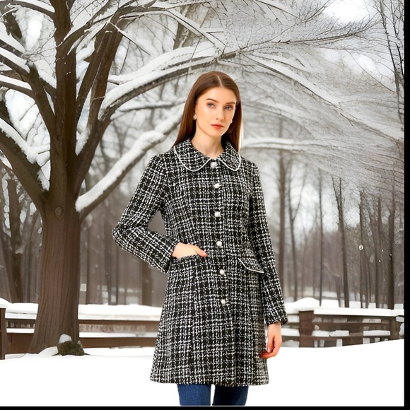 Elegant Doll Collar Plaid Tweed Pearl Buttons Single Breasted Long Coat W/Pocket - Picture 1 of 16